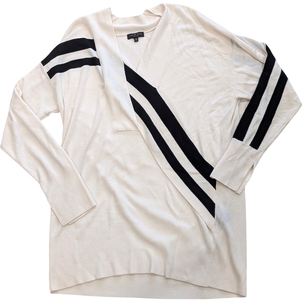 $395 Rag & Bone CrissCross Ivory Merino Wool Blend Varsity Stripe Sweater SMALL - Picture 1 of 6
